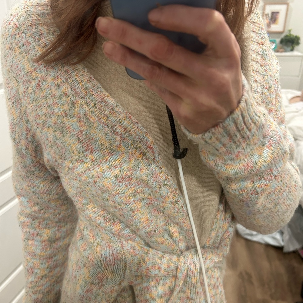 Elan brand barely worn Cozy Multicolor Cardigan Sweater with tie belt
